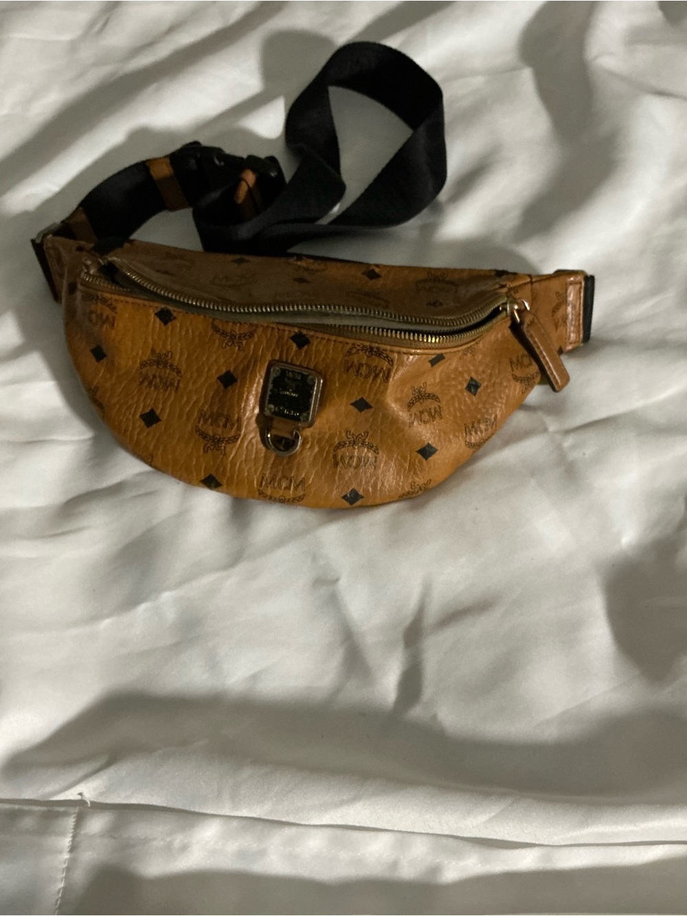 MCM Cognac Visetos Logo Leather Belt Bag with Black Strap
